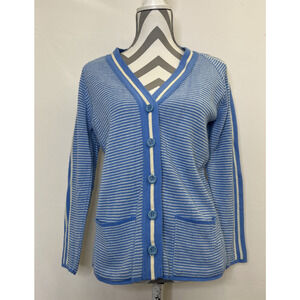 Vintage Jantzen Cardigan Womens Medium Blue & Ivory Solid Button Bnfts Charity